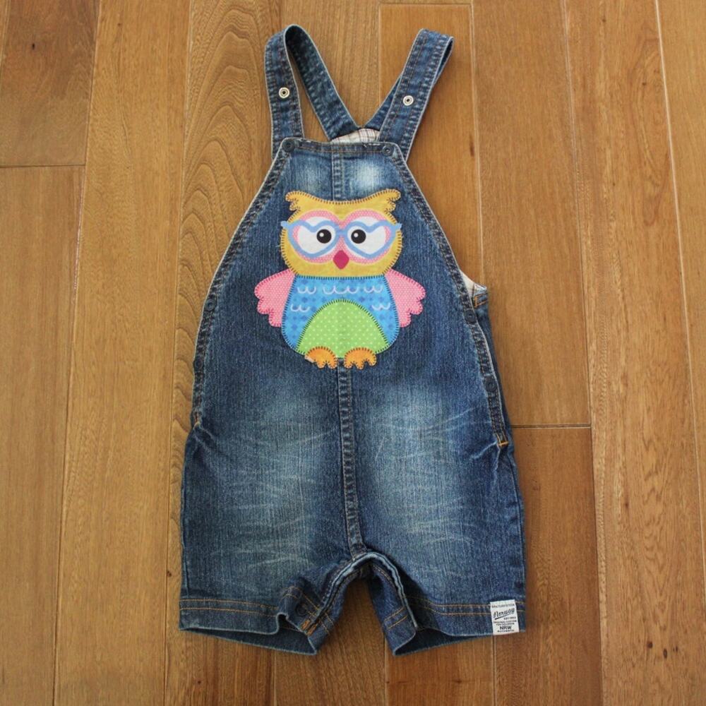 Noruega Baby Vintage Owl Applique Short Overalls Blue‎ Jean Denim 6-9 Month